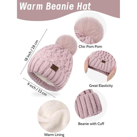 Women Winter Beanie Hat Scarf Gloves Ear Warmer 4-in-1 Set Knit Fleece - Picture 2 of 6